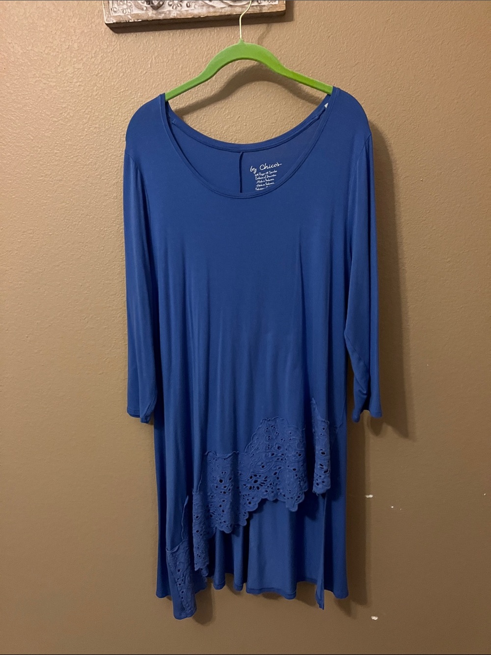 Chico's Cobalt Blue Asymmetrical Lace-Hem Tunic. Super cute over white cropped
